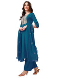 Ethnicjunction Women S Embroideteal Thread Work Chinon A-Line Kurta Pant With Sequence Dupatta Set(Skd9-Kanchan-Teal_Xl) -Like New