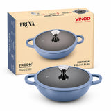 Vinod Freya Cast Iron Deep Kadai with Glass Lid, 22 cm 1.9L | TREON Technology Enamel Kadhai for Frying, Sabzi, Curry & Cooking