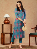 Anni Designer Women'S Cotton Blend Straight Printed Kurta With Pant (Aagmi Blue_M_Blue_Medium),Blue,M,,,