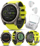 Garmin Fenix 8 51 mm, Solar, Sapphire Amp Yellow/Graphite Silicone GPS Multisport Smartwatch with Wearable4U White Earbuds Bundl