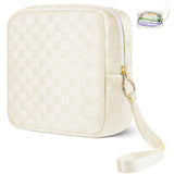 Likesing Upgraded 5.3 Checkered Period Bag, Beige Sanitary Napkin Storage Bag with Wrist Strap for Girls Women, Thickened Portab
