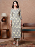 Anni Designer Women'S Cotton Blend Straight Printed Kurta With Pant (Naviba Grey_S_Grey_Small),Grey,S,,,
