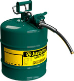 Justrite 5 Gallon Type II Green Safety Can for Oil with Flame Arrester, Self-Closing Lid, and 5/8 Flexible Metal Spout, Made in