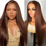 OOVVDA Chocolate Brown Lace Front Wig, 22 Inch, 200% Density, Straight, Human Hair, 13x6 Lace, 22.5 Inch Cap