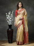 Satrani Womens Tabby Silk Banarasi Jacquard Saree With Unstitched Blouse Piece(3045S5615Na_Beige2)