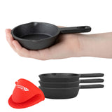 Modern Innovations Mini Black Cast Iron Skillet Set with Silicone Mitt (4 Count) - 3.5 Inch Pans, Pre Seasoned Small Skillets fo