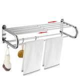 BESy Adjustable 15-26.8 Inch Towel Rack with Shelf for Bathroom and Lavatory Towel Shelf Double Towel Bar Rod 4 Hooks Wall Mount