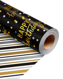 MAYPLUSS Birthday Wrapping Paper Roll, Black Metallic Holographic Happy Birthday Wrapping Paper Featuring Revesible Stripe Gift