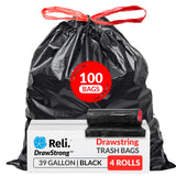Reli. 39 Gallon Trash Bags Drawstring (100 Count) Large 39 Gallon Heavy Duty Drawstring Trash Bags, Garbage 39Gal Capacity, Lawn