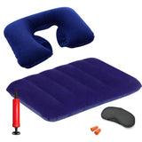 Inflatable Travel Pillow Set, Blue, Soft Velvet Finish, Neck Pillow 45X30 Cm, Body Pillow 47X30 Cm, With Eye Mask, Ear Buds, And