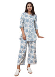 SMOWKLY Women's Printed Rayon Slub Mid Thighs Short Kurti With Relaxed Fit Pant Sylish Co-Ords Set || Trendy 3/4 Sleeve Kurta &