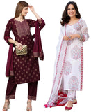 Anni Designer Women'S Cotton Blend Printed Straight Kurta With Pant & Dupatta Pack Of 2 (Combo-Coco-Wine-Cup-Off White_M_Multi_Medium),Multicolour,M