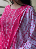 Anni Designer Women'S Cotton Blend Straight Printed Kurta With Pant & Dupatta (Noor Pink_M_Pink_Medium),Pink,M,,,