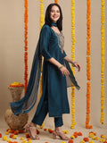Anni Designer Women'S Rayon Blend Straight Embroidered Kurta With Pant & Dupatta (Sikand Cerosin_Xl_Dark Blue_X-Large),Dark Blue,XL,,,