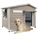 Outdoor Dog House with Chew-Proof Iron Frame, Wooden Dog Kennel Weatherproof,Removable Floor, Adjustable Vent Window, Easy Assem