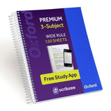 Oxford Spiral Notebook with Free Study App, 3 Subject, Wide Ruled, Ultra Smooth Paper, No Ink BleedThrough, Strong Poly Blue Co