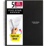 Five Star Spiral Notebook, 5 Subject, Wide Ruled Paper, Fights Ink Bleed, Water Resistant Cover, 8 x 101/2, 200 Sheets, Black