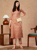 Anni Designer Women'S Cotton Blend Straight Printed Kurta With Pant (Balajyoti Red-Nw_L_Red_Large),Red,L,,,