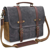 Mens Messenger Bag 15.6 Inch Waterproof Vintage Genuine Leather Waxed Canvas Briefcase Large Satchel Shoulder Bag Rugged Leather