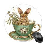 Gorgeous Teacup And Saucer Mousepad Round Computer Mousepad Rabbit Sitting Inside Bouquet of Flowers Waterproof Gaming Mousepads