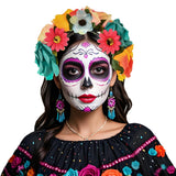 June Bloomy Mexican Flower Headband Halloween Cinco De Mayo Party Costume Day of The Dead Headpiece(Peach Orange Blue)