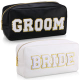 Oudain 2 Pcs Bride and Groom Makeup Bag Letter Patch Cosmetic Travel Toiletry Bag Women PU Leather White Portable Bride Purse We