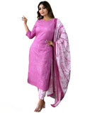 Gosriki Women'S Cotton Blend Straight Printed Kurta With Pant & Dupatta (Dalaja-Majenta-Gs_L_Majenta_Large) Magenta,Magenta,,B0CD7RH9QV