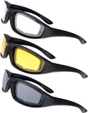 The Fresh Motorcycle Riding Glasses Padded Frame Lens Block 100% UVB for Outdoor Activity Sport (1405-Matte Black, Clear, Yellow