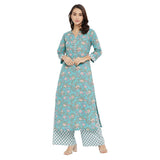 Tissu Women's Cotton Sea Green & Pink Floral Printed Kurta with Palazzo (Tis-600_Green_XL)