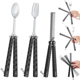 Eaasty 3 Pieces Butterfly Comb,Fork and Spoon Set,Tactical Stainless Steel Folding Butterfly Spoon for Camping Hunting Travel Ou