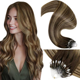 LaaVoo Micro Ring Hair Extensions Human Hair Balayage Medium Brown to Caramel Brown Microlink Hair Extensions Human Hair for Wom