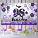 LASKYER Happy 98th Birthday Decorations,98th Purple Balloon Large Birthday Banner Backdrop Sign,98 Years Old Bday Party Supplies