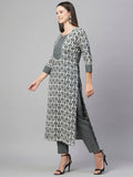 Anni Designer Women'S Cotton Blend Straight Printed Kurta With Pant (Sachi Grey-Nw_M_Grey_Medium),Grey,M,Cotton Blend,Regular,Kurta & Pant Set