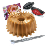 Nordic Ware Brilliance Bundt Pan Gold With Cleaning Tool + Grips Pot Holder and Recipe Card