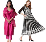 Anni Designer Women'S Cotton Blend Embroidered Straight Kurti Pant Dupatta Set Combo Pack Of 2 (Baghicha Rani & Kari Black_2109_Multicolor_X-Large),Multicolour,XL,,,