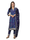 Stylum Women's Bandhani Print & Embroidered Muslin Straight Kurta Pant Dupatta Set (KPDBLUEBANNO42_Blue, XL)