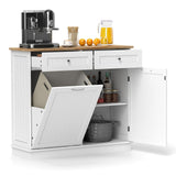 SILKYDRY Tilt Out Trash Cabinet, Kitchen Island with 2 Drawers & Adjustable Shelf, Rubber Wood Countertop, Freestanding Laundry Hamper, Recycle Bins Pet Proof Garbage Can Holder (White)