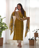 Gosriki Women'S Chanderi Cotton Straight Printed Kurta With Pant & Dupatta (Stamp Green-Kbv-Gs_L_Green_Large),Green,,B0CNM1YCTP