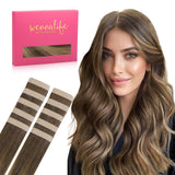 WENNALIFE Tape in Hair Extensions Human Hair Balayage Chocolate Brown to Caramel Blonde Tape in Extensions, 10pcs 30g 20 inch
