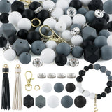 Sunrony 60Pcs Mixed Black White Gray Tassels Keychains Rhinestone Spacer Round Hexagon Silicone Beads for Keychain Making and Ne