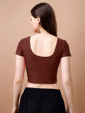 Pujia Mills Women'S Readymade Dobby Cotton Lycra Stretchable Round Neck Short Sleeve Blouse Fancy Brown Color Lycra Stretchable Blouse For Women Stylish Readymade Saree Blouse Brown L