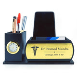 AJANTA ROYAL Personalized Professional Wooden Desk Organiser with Clock, 2 Compartments, Name Plate, 20.3 x 8.9 x 6.3 cm (Black)