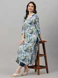 Anni Designer Women'S Cotton Blend Printed Straight Kurta With Pant Pack Of 2 (Chinki Green-Southz Blue_L_Multi_Large),Multicolour,L,,,