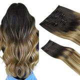 HOTBANANA Clip in Hair Extensions Real Human Hair, 135g 9pcs 18 inch Balayage Ombre Brown to Dirty Blonde Straight Remy Clip in