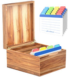 Neando 5X8 Index Card Organizer With Lid Extra Large Acacia Wood Storage Box With 4 Compartments, 20 Blank Tabs, Holds 600 Car