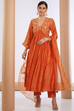Anni Designer Women'S Rayon Blend Anarkali Embroidered Kurta With Pant & Dupatta (Kanakam Orange_Xl_Orange_X-Large),Orange,XL,Rayon Blend,A-Line,