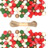 Christmas Wooden Beads Set 16mm - 120pcs Multi-Color Wood Beads with Snowflake Patterns and Jute String for Holiday Garland and