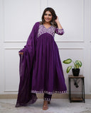 Anni Designer Women'S Rayon Blend Anarkali Embroidered Kurta With Pant & Dupatta (Kart Begani_M_Begani_Medium),Begani,M,,,