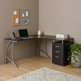 59 Espresso and Silver Wood and Steel L Shape Pedestal Computer Desk With Three Drawers