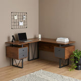59 Walnut and Gray Wood and Steel L Shape Pedestal Computer Desk With Three Drawers